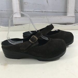 CLOGS Brown Suede Mary Jane Strap Slip On Clog Shoes